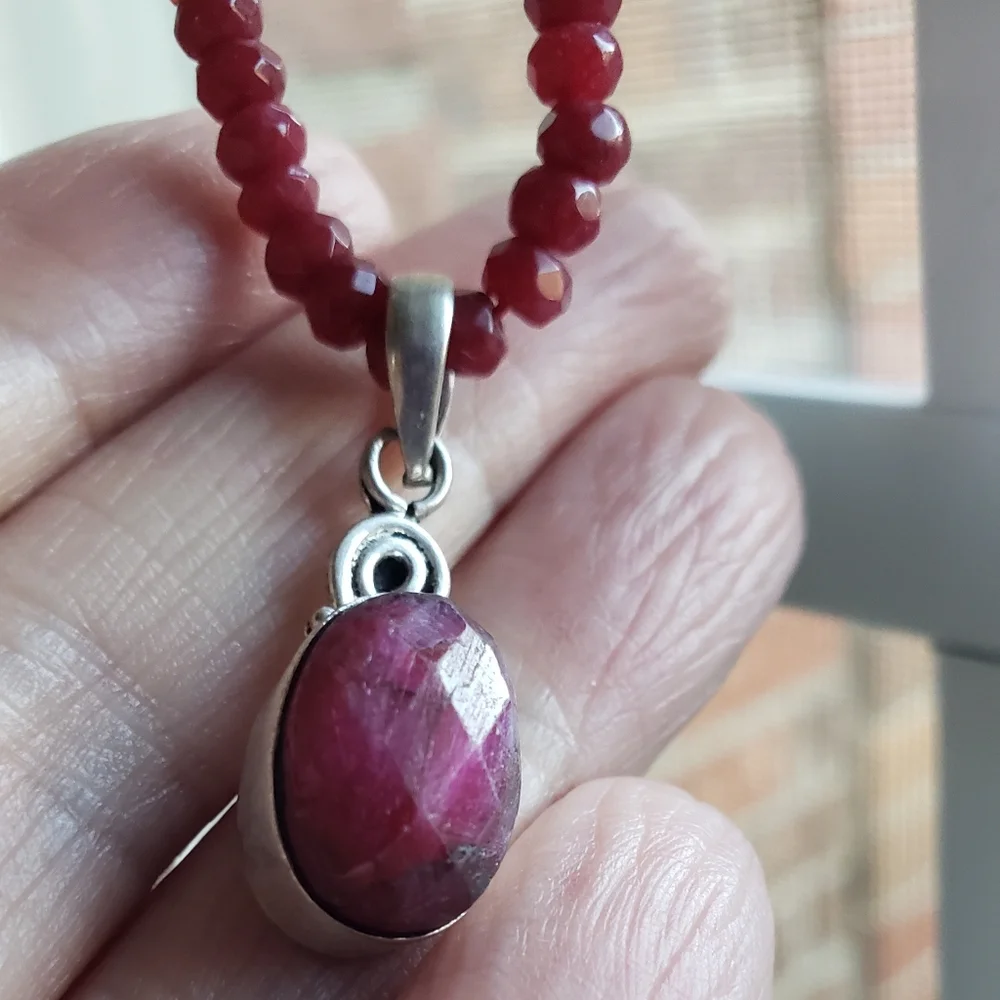 Natural Faceted Ruby & Silver Pendant On Beaded Ruby Strand. NWOT. Artisan-made. - Picture 2 of 5